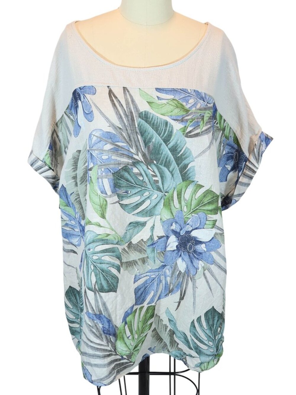 LUNGO L'ARNO Palm Print Linen Dolman Tunic Top Size 1X Tropical Resort